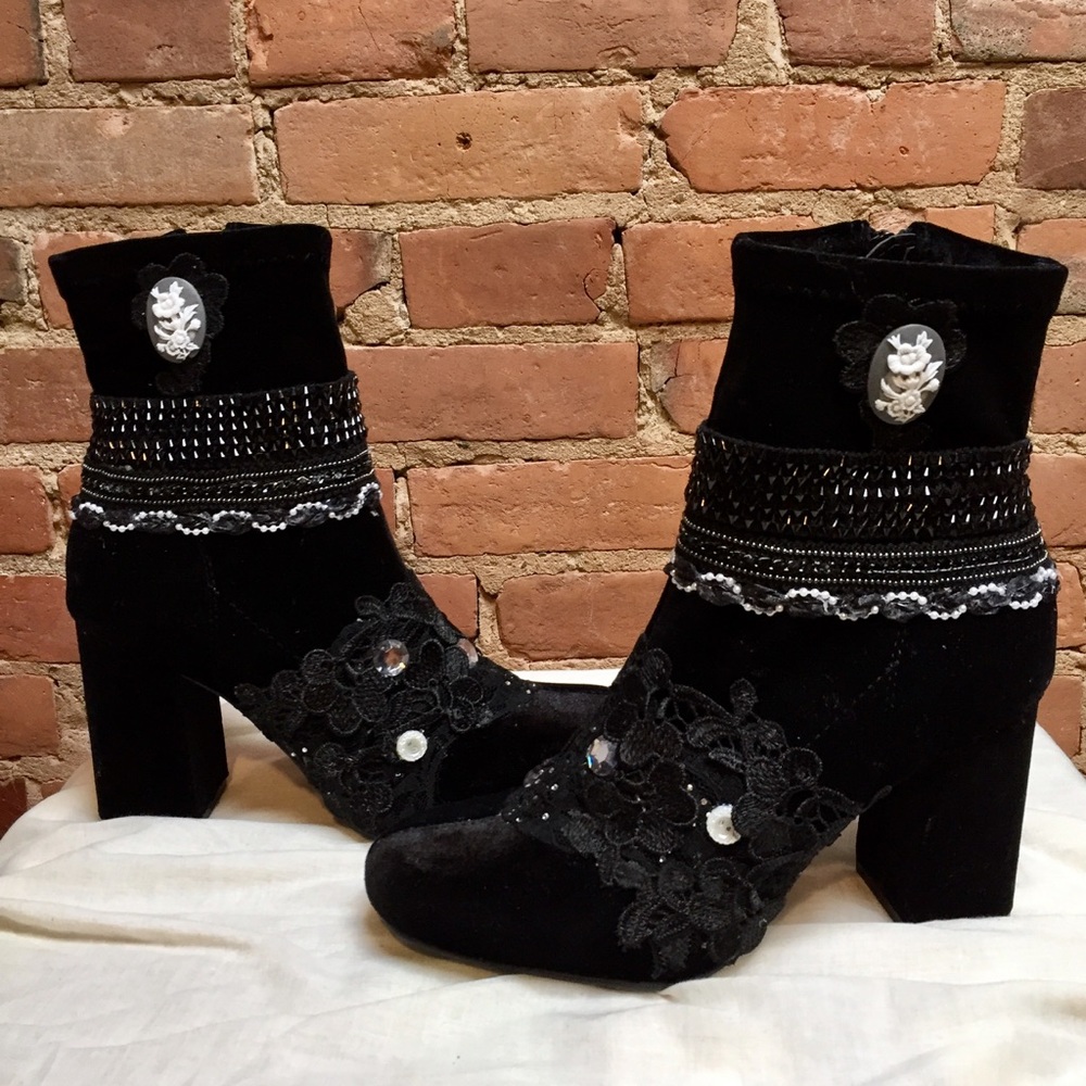 “Midnight Marie” Hand Embellished Velvet Booties